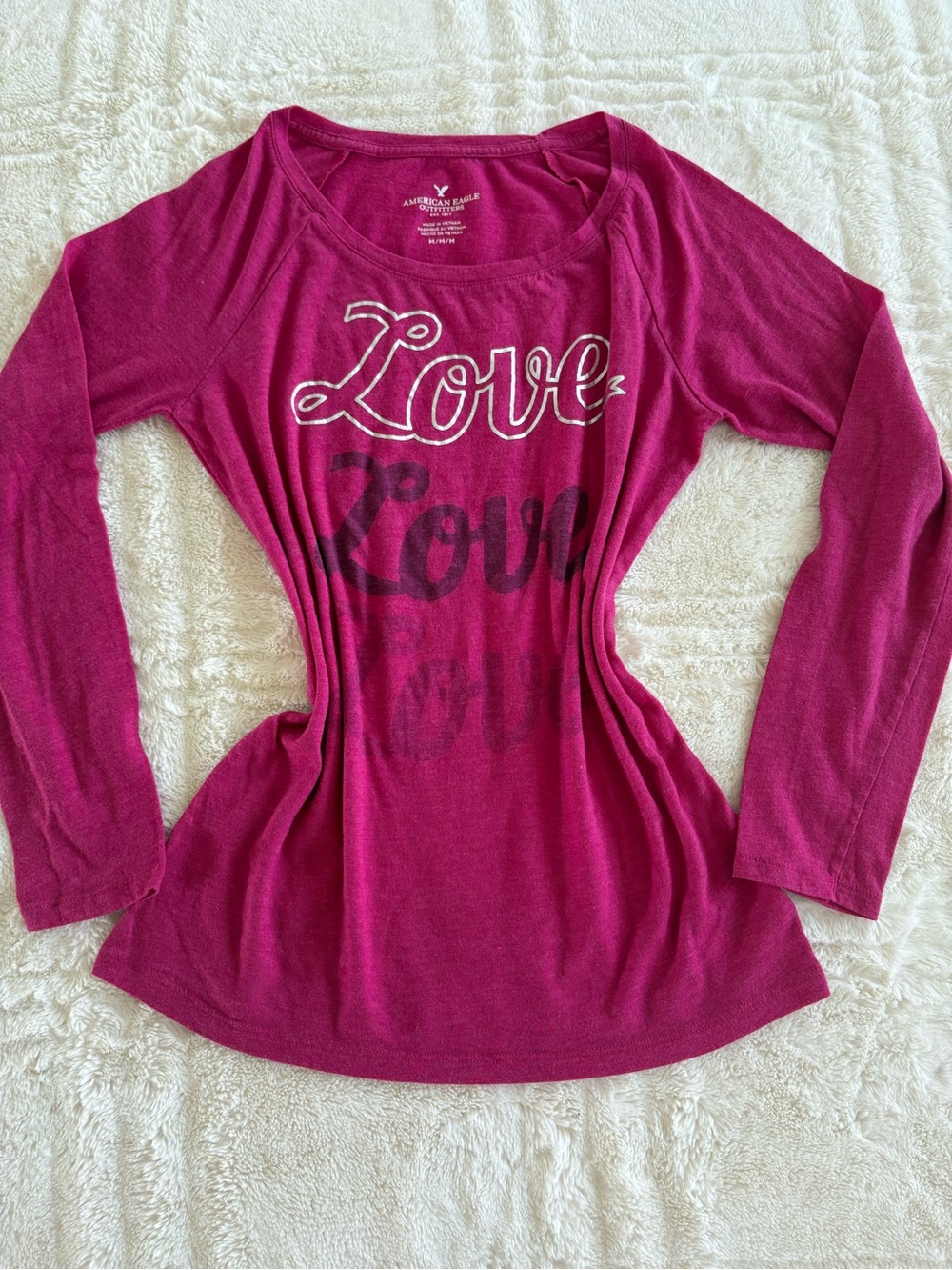 American Eagle Outfitters Berry 'Love' Long Sleeve Scoop Neck Top